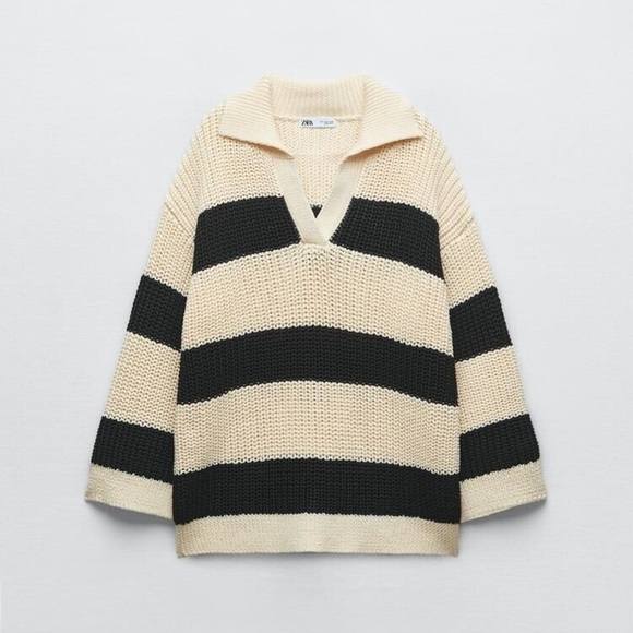 NWT. Zara Cream/Black V-Neck Oversized Striped Sweater. Size M-L. - Picture 6 of 11